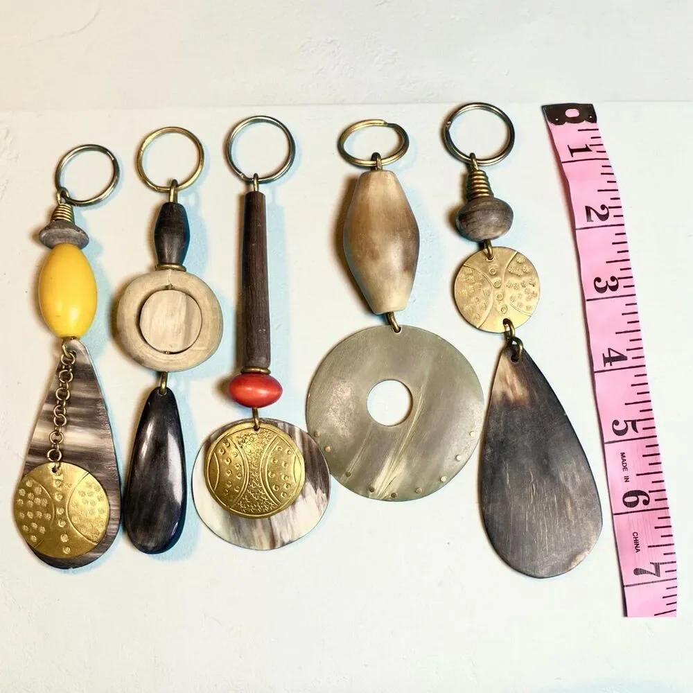 Kenyan Bovine Cow Bone Brass Keychain Bag Charm African Boho Purse Accent 6-7